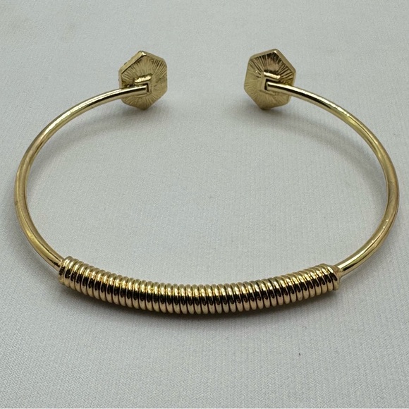 Gold Tone Blue Lucite Crystal Halo Cuff Bracelet Open Flexible Bangle - Picture 8 of 8